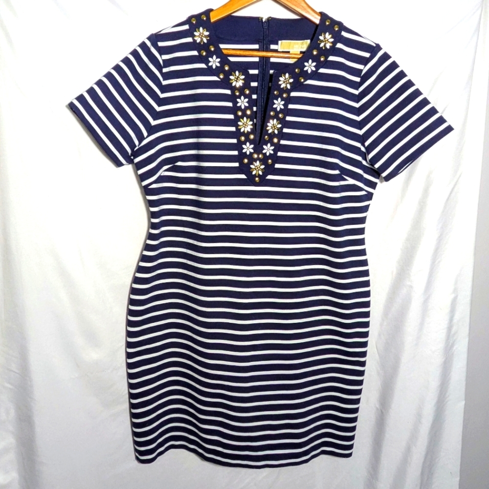 Michael Kors Striped Beaded Neckline Short Sleeve Midi Dress, Navy & White Sz XL